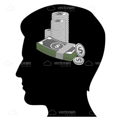 Silhouette of Man’s Head with Notes and Coins